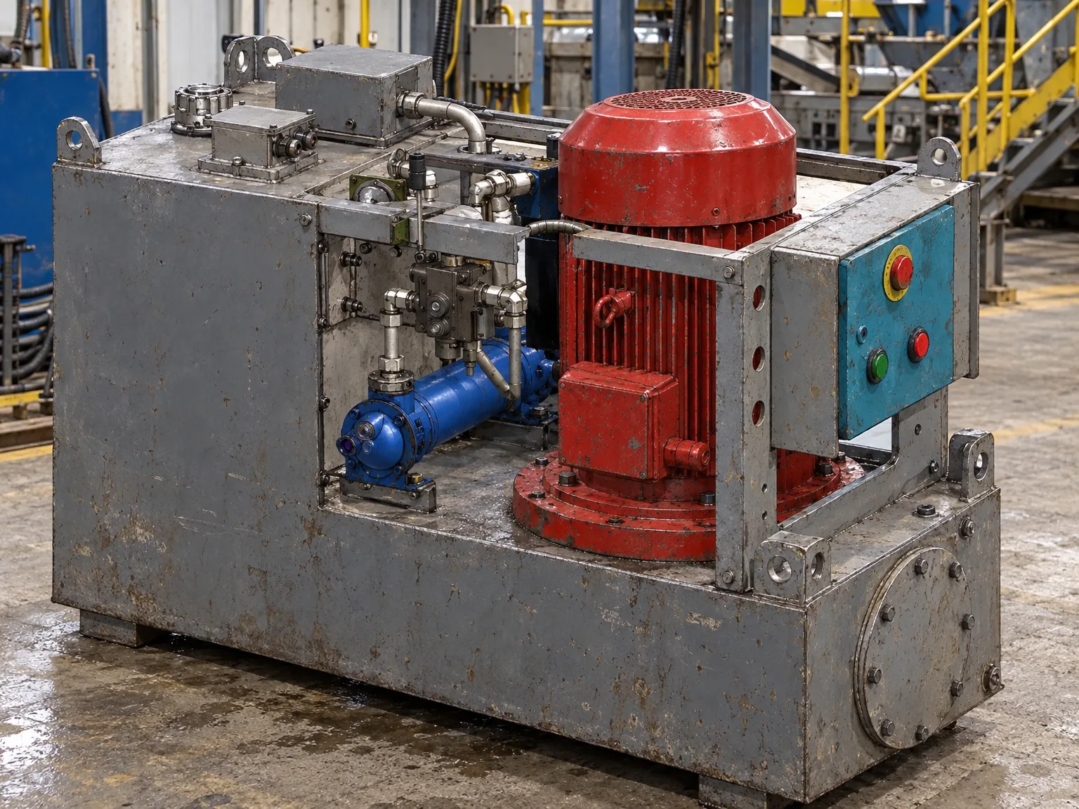 Hydraulic power unit with tank, motor and control box