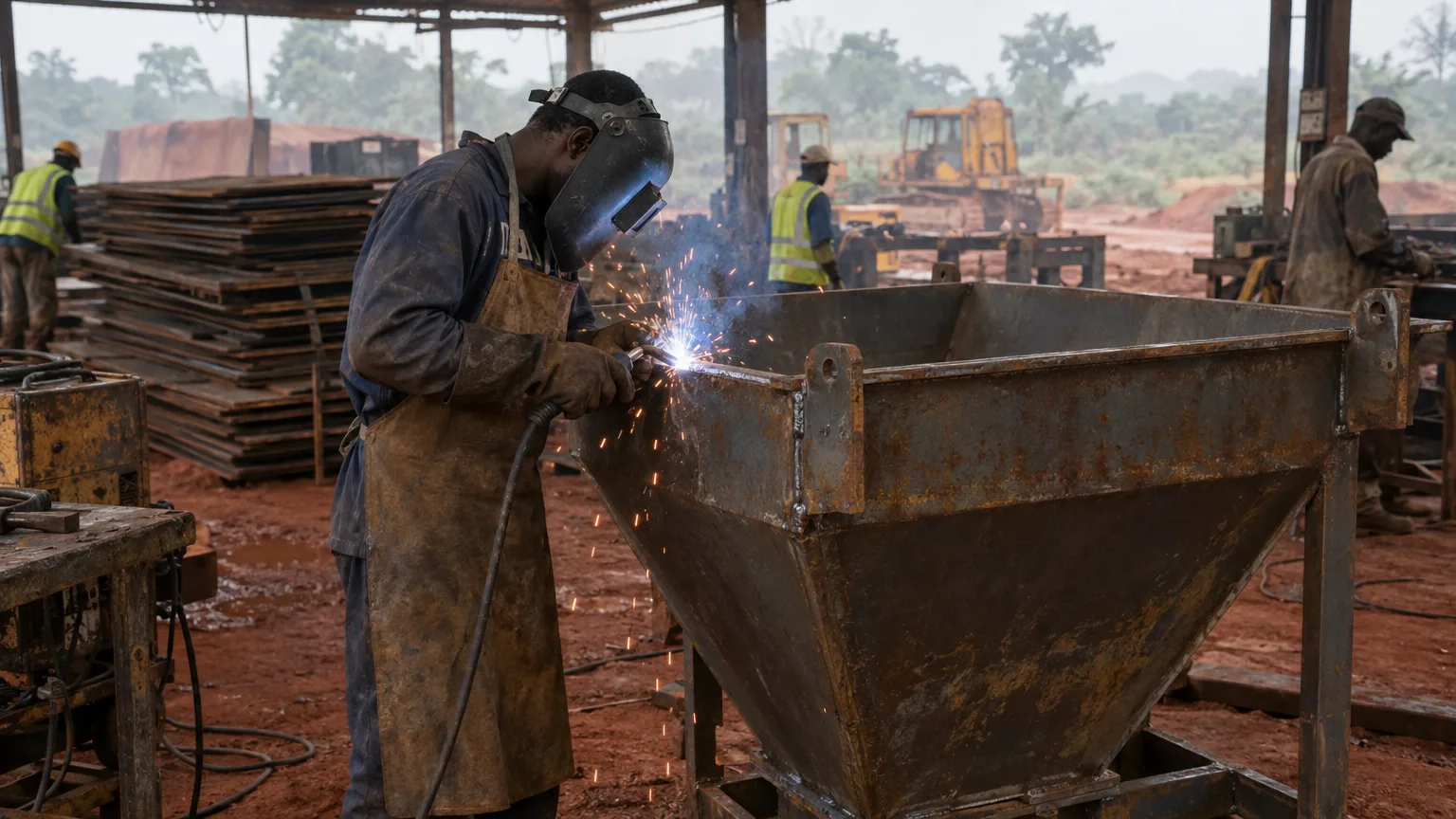 Welder fabricating a hopper